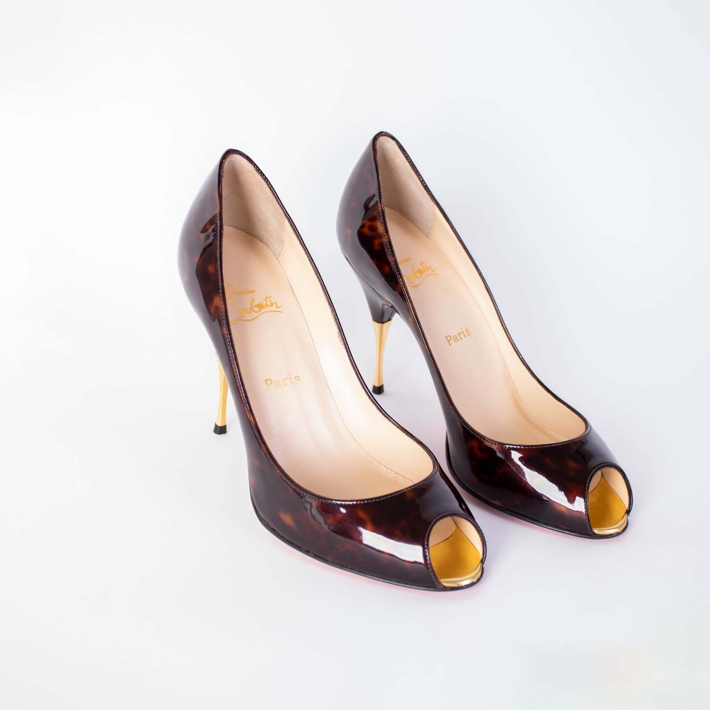 Christian Louboutin Marbled Print Patent Pumps with Golden Heel