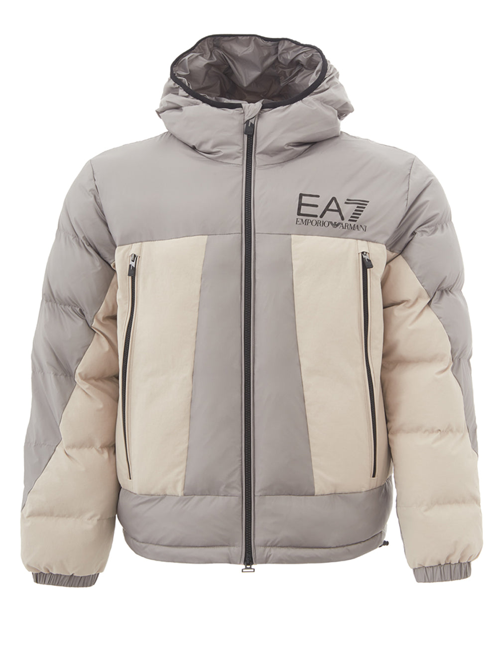 EA7 Emporio Armani Beige Quilted Hooded Jacket with Zip Details