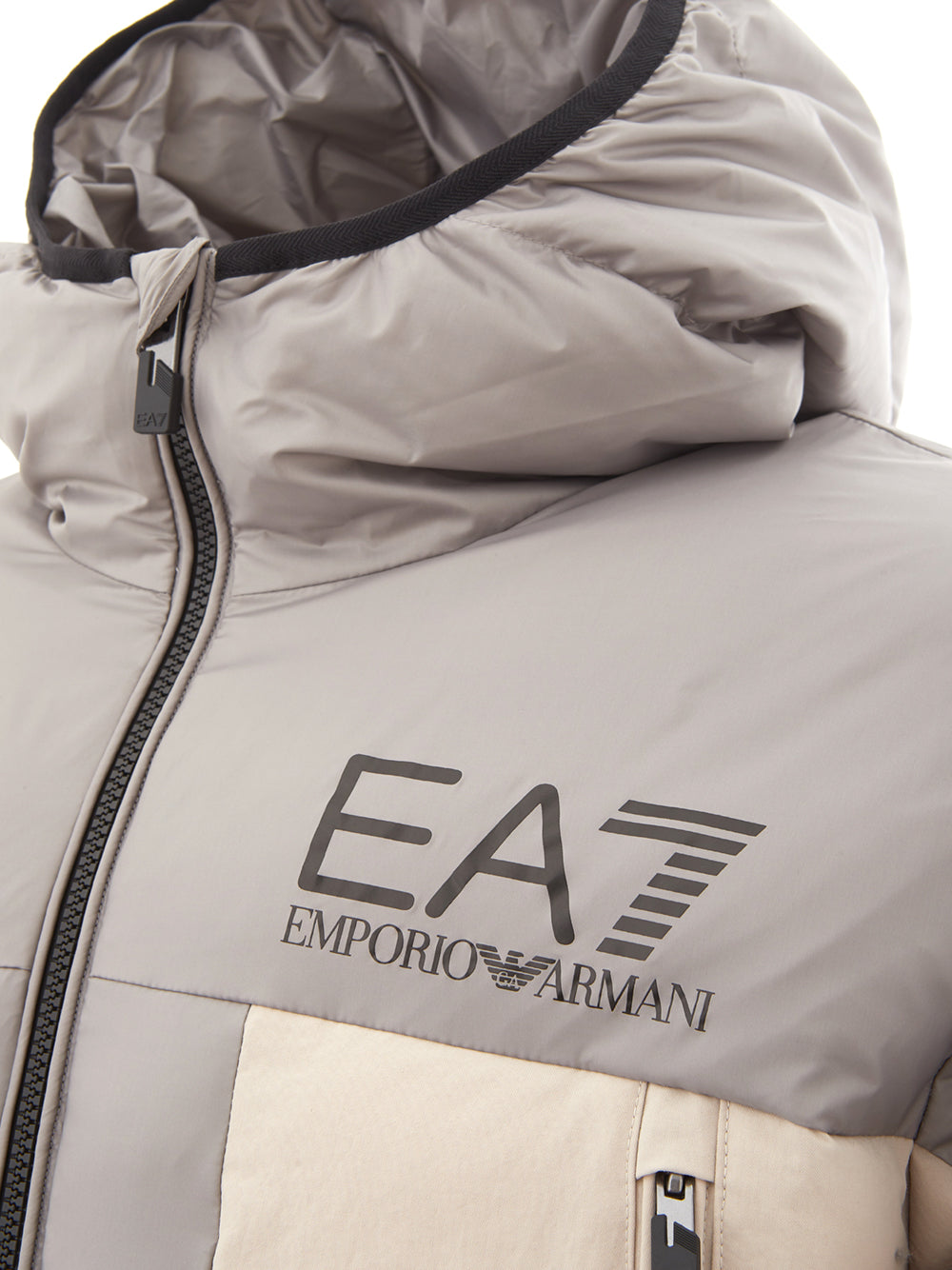 EA7 Emporio Armani Beige Quilted Hooded Jacket with Zip Details