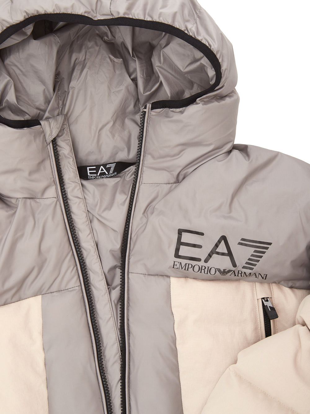 EA7 Emporio Armani Beige Quilted Hooded Jacket with Zip Details