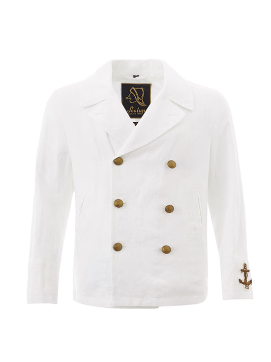 Sealup Elegant White Linen Double-Breasted Jacket