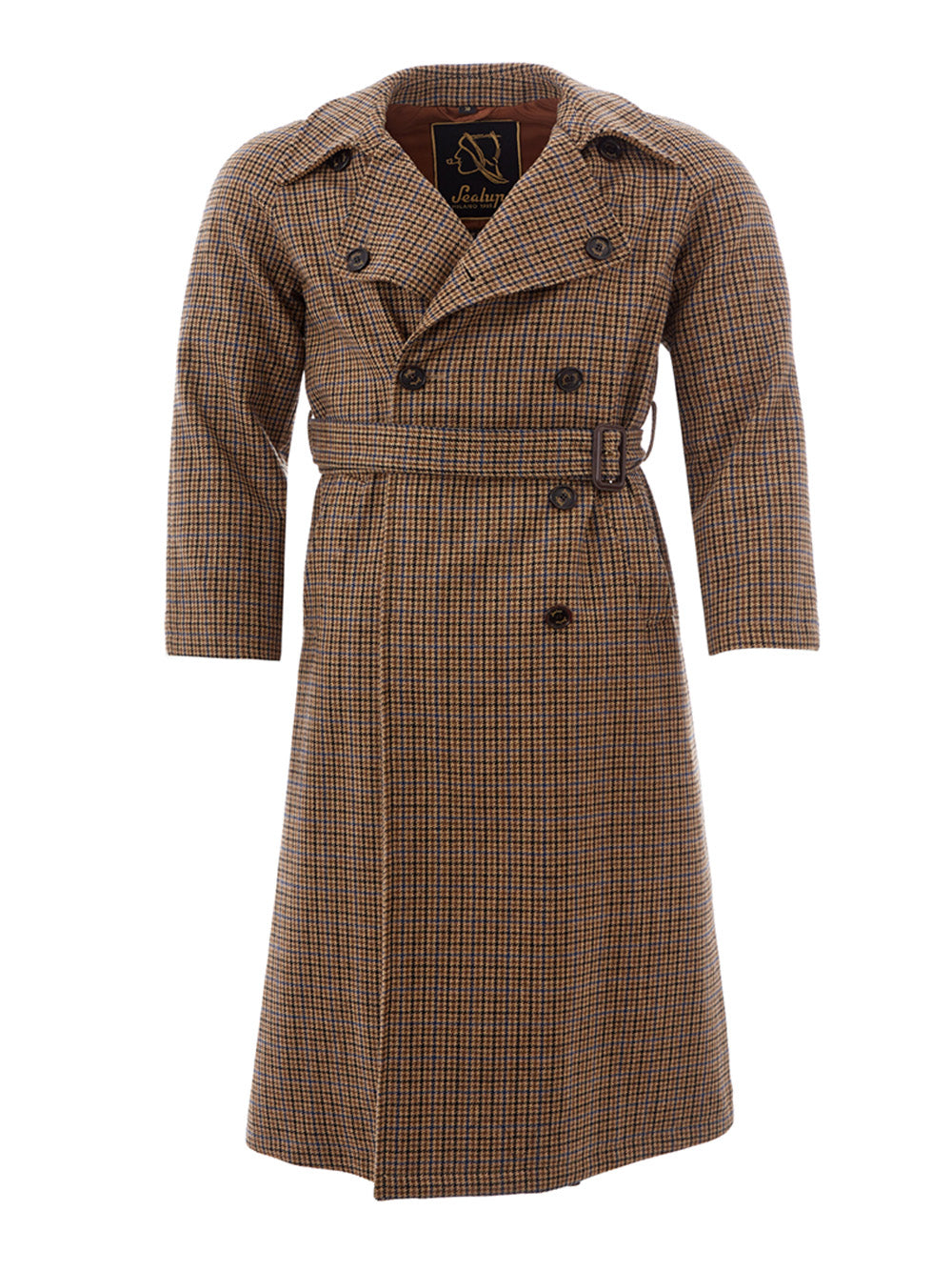 Sealup Chic Checkered Wool Long Coat in Brown