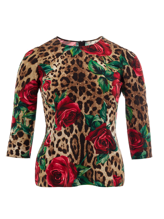 Dolce & Gabbana Elegant Leopard Print Silk Top with Rose Detail