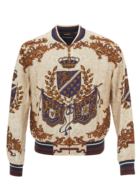 Dolce & Gabbana Beige Heraldry Silk Bomber Jacket