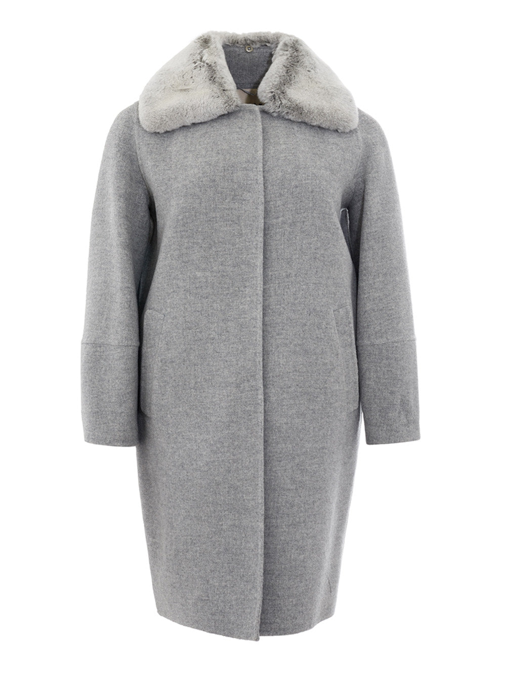 Herno Elegant Grey Wool Coat with Removable Fur Collar