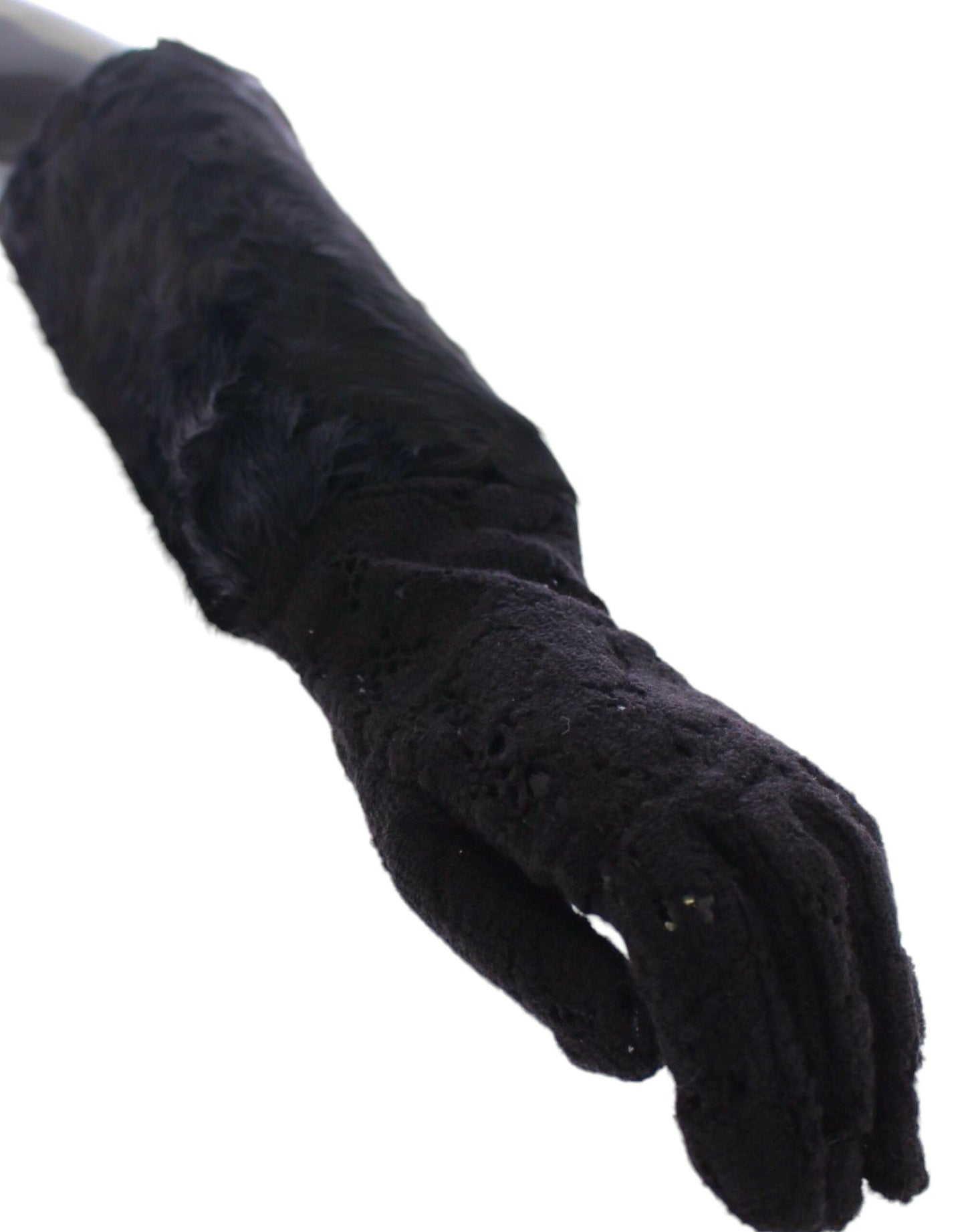 Dolce & Gabbana Black Lace Wool Lambskin Fur Elbow Gloves