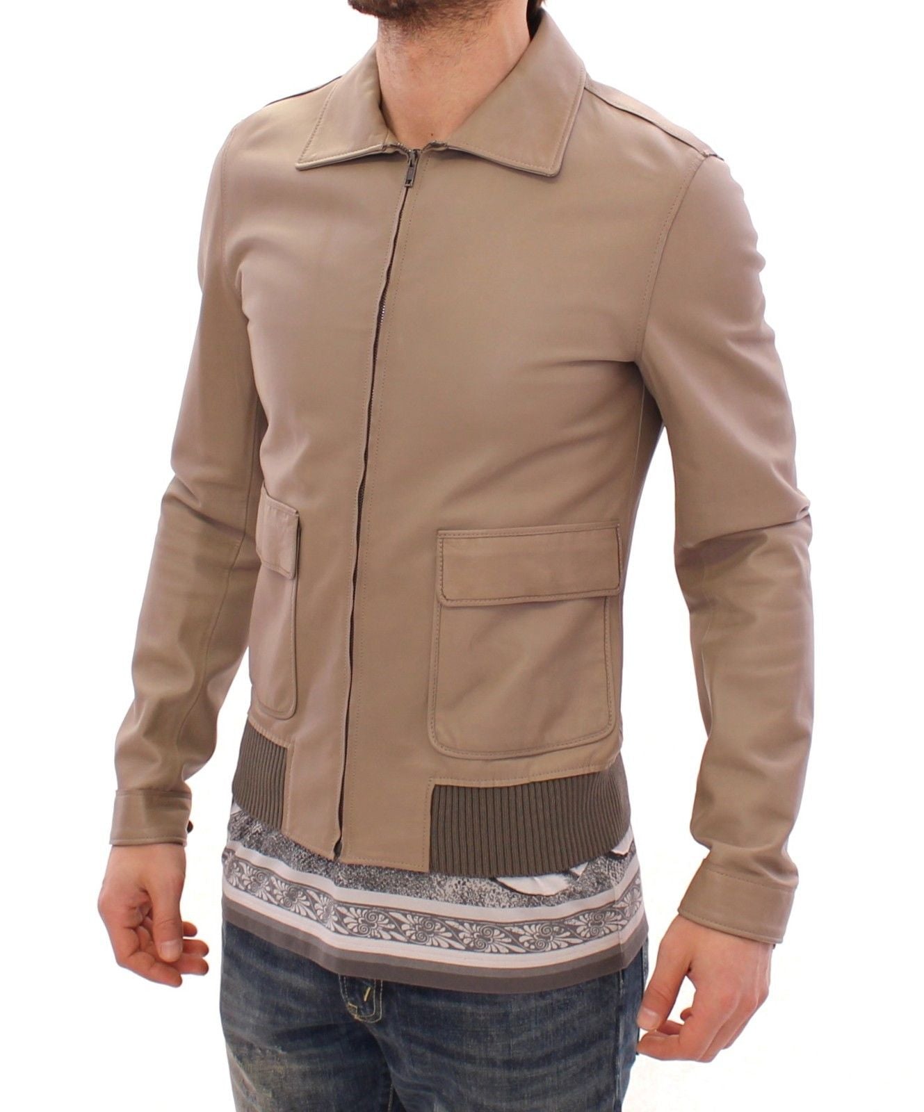 Dolce & Gabbana Elegant Beige Lambskin Leather Jacket