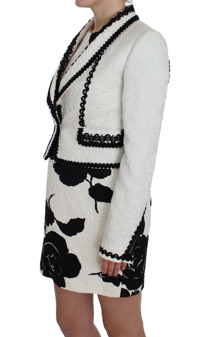 Dolce & Gabbana Elegant White & Black Floral Brocade Blazer Jacket