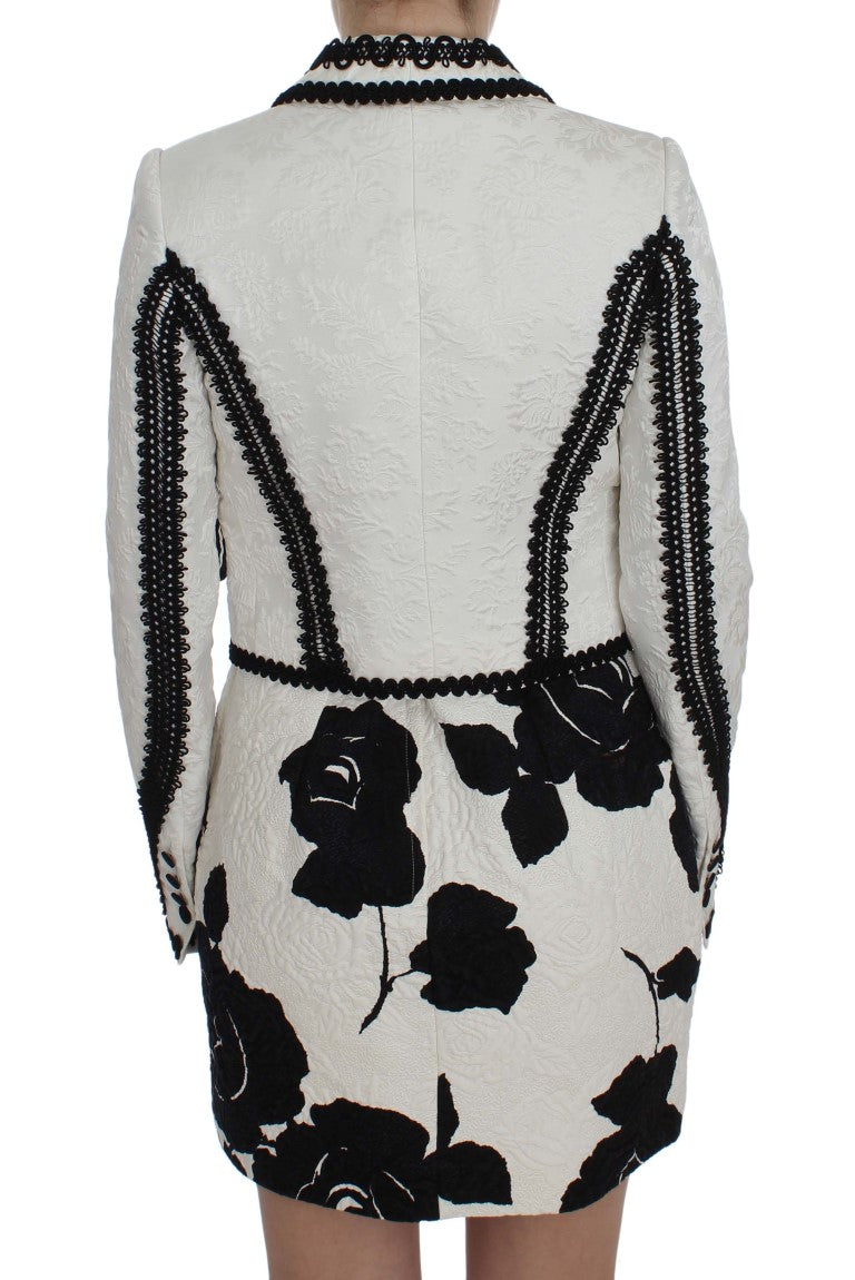 Dolce & Gabbana Elegant White & Black Floral Brocade Blazer Jacket