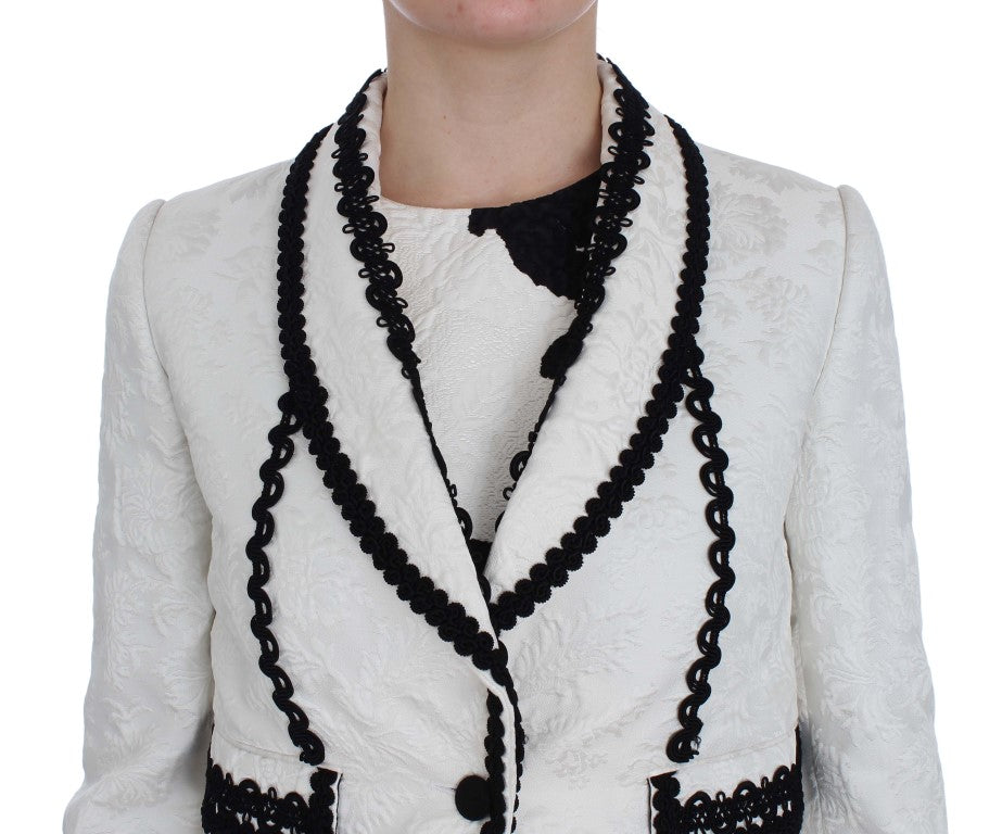 Dolce & Gabbana Elegant White & Black Floral Brocade Blazer Jacket