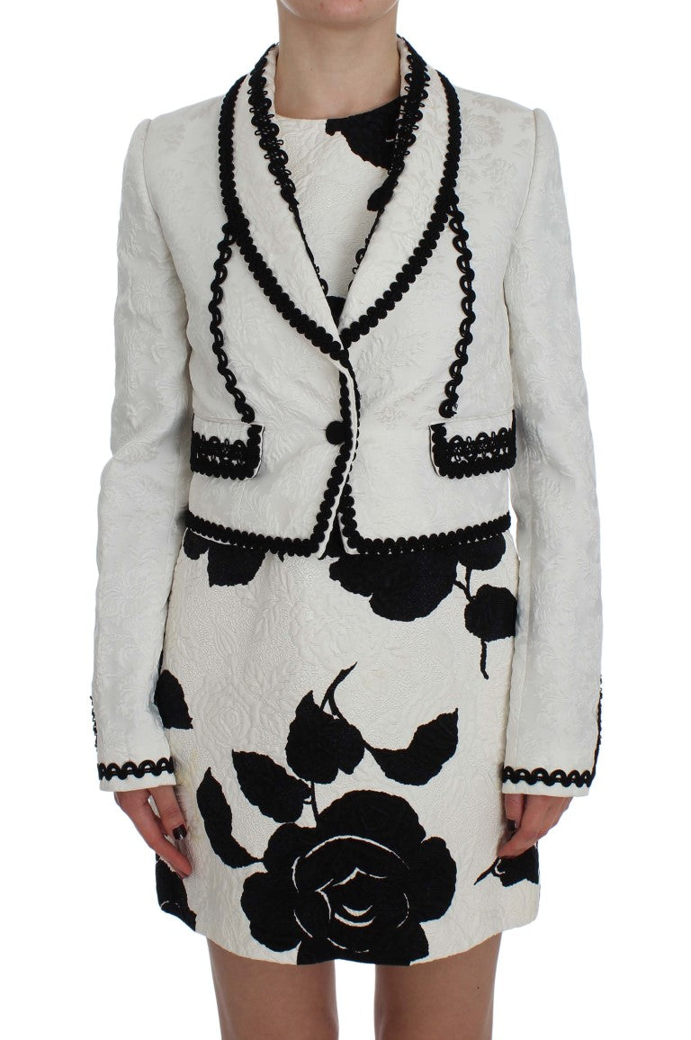 Dolce & Gabbana Elegant White & Black Floral Brocade Blazer Jacket