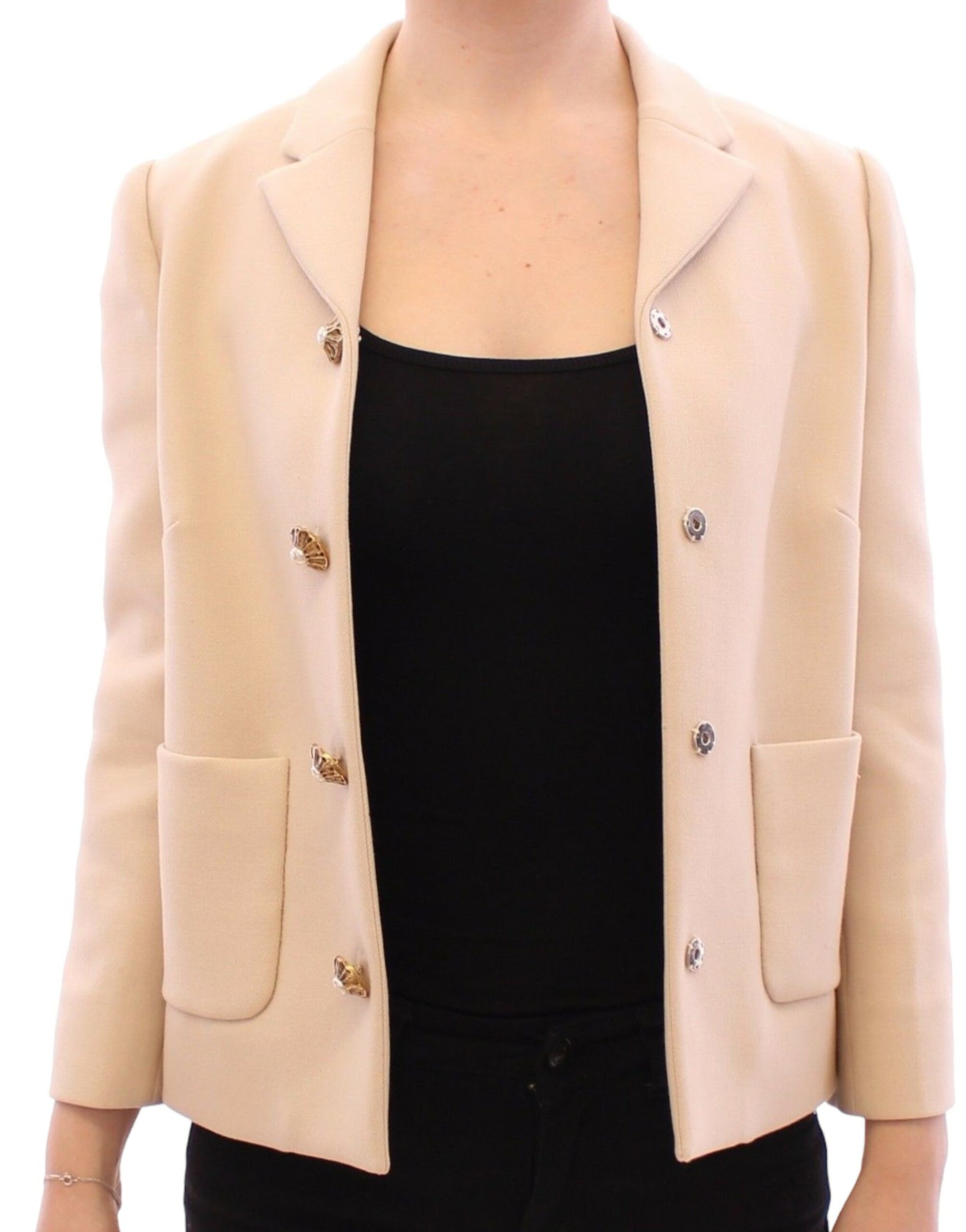 Dolce & Gabbana Beige Wool Pearl Button Jacket Blazer Coat