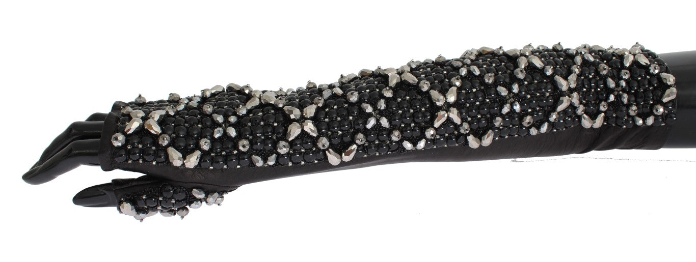 Dolce & Gabbana Elegant Black Crystal Beaded Leather Gloves