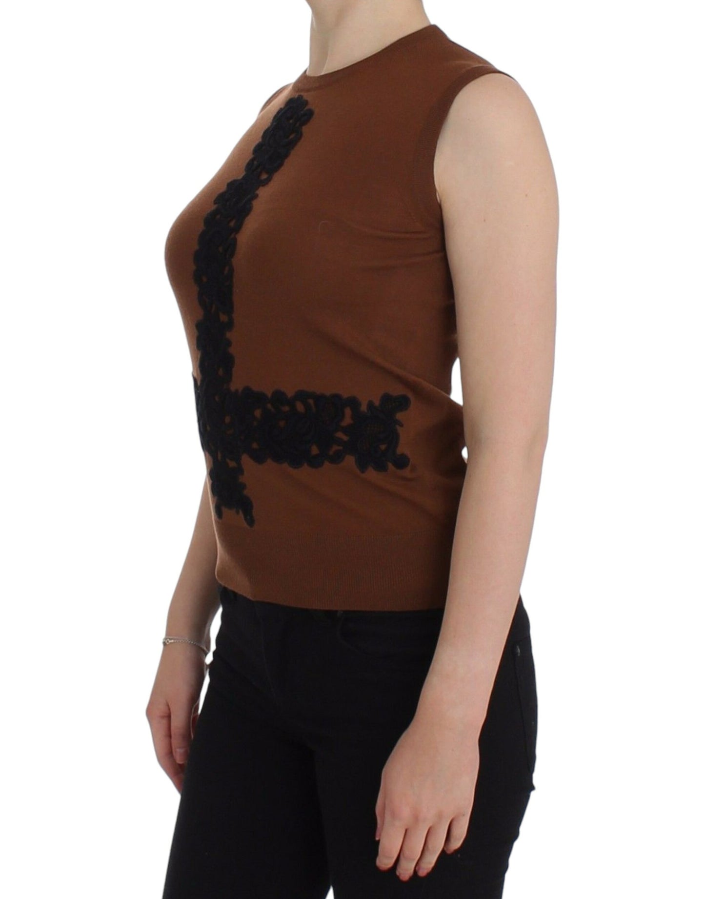 Dolce & Gabbana Brown Wool Black Lace Vest Sweater Top