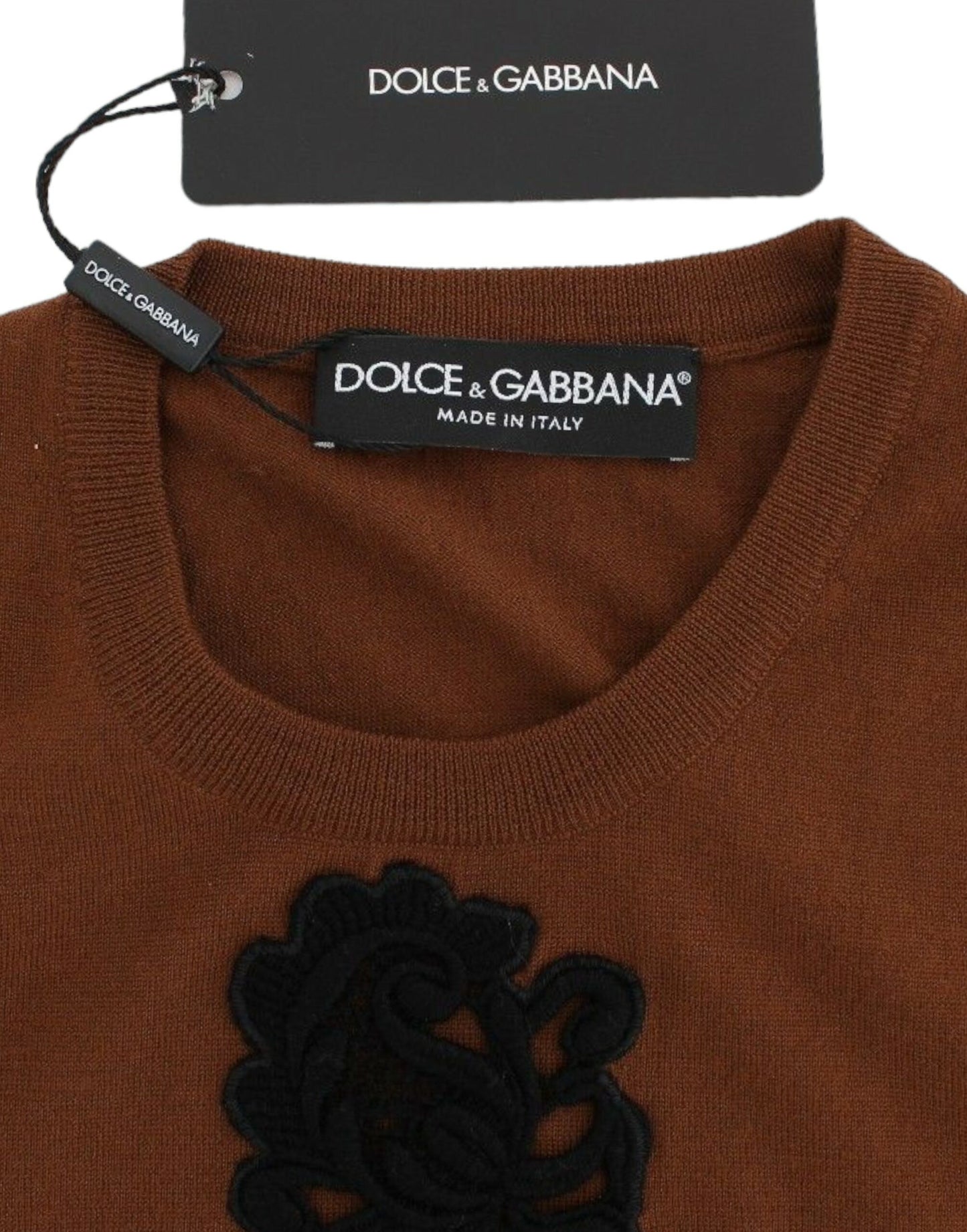 Dolce & Gabbana Brown Wool Black Lace Vest Sweater Top