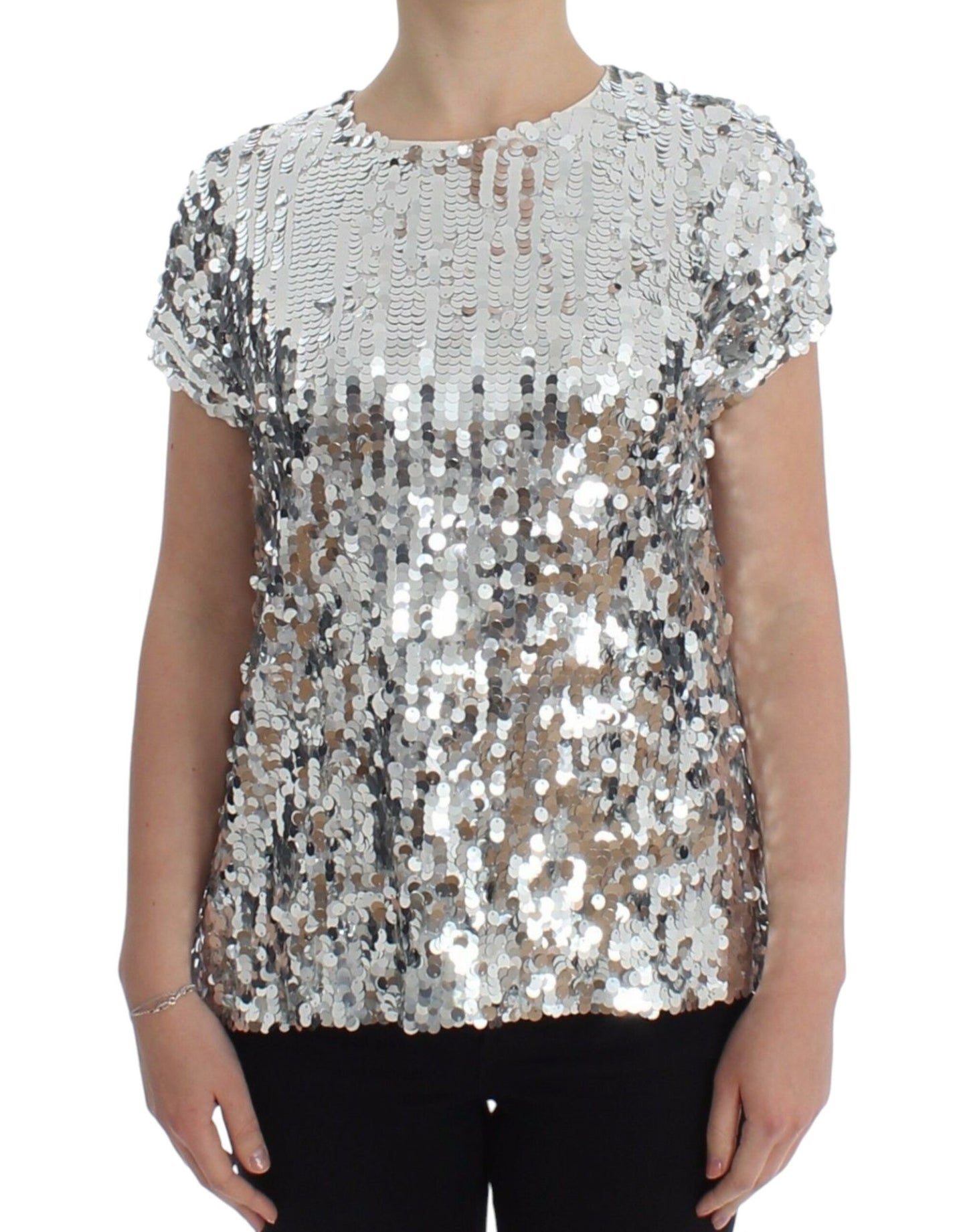 Dolce & Gabbana Silver Sequined Crewneck Blouse T-shirt Top