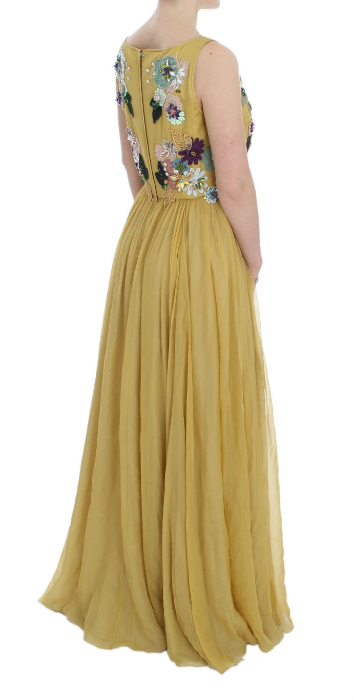 Dolce & Gabbana Enchanting Yellow Silk Floral Appliqu&#233; Gown