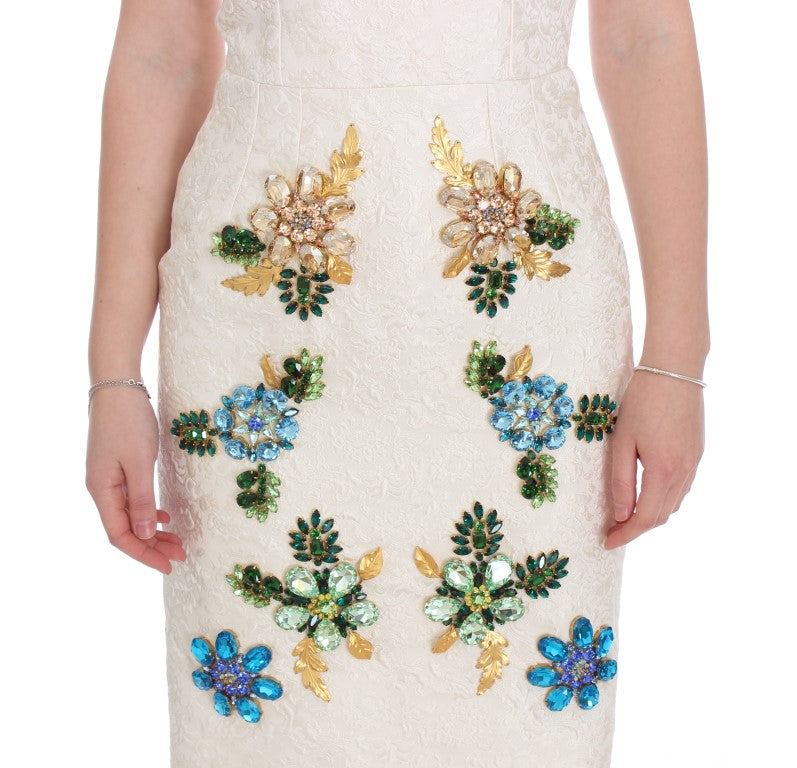 Dolce & Gabbana White Brocade Crystal Sheath Dress