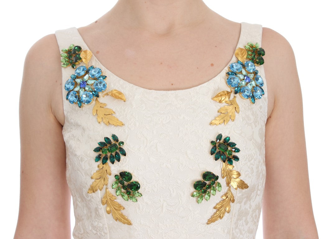 Dolce & Gabbana White Brocade Crystal Sheath Dress