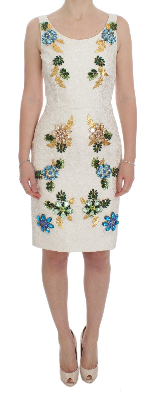 Dolce & Gabbana White Brocade Crystal Sheath Dress