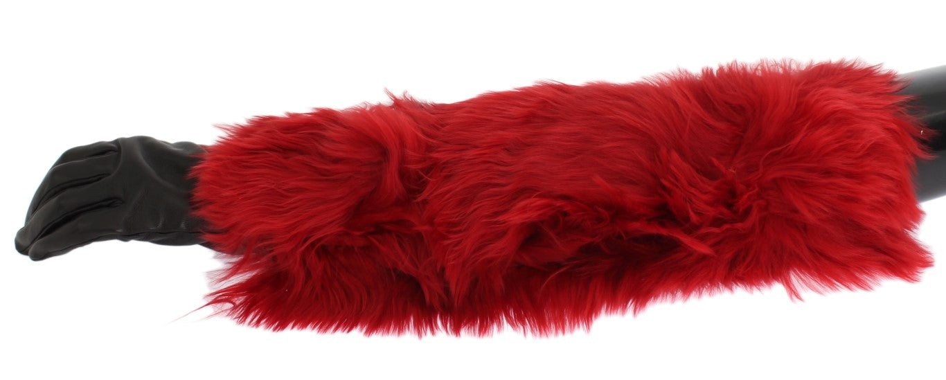 Dolce & Gabbana Brown Leather Red Fur Elbow Gloves