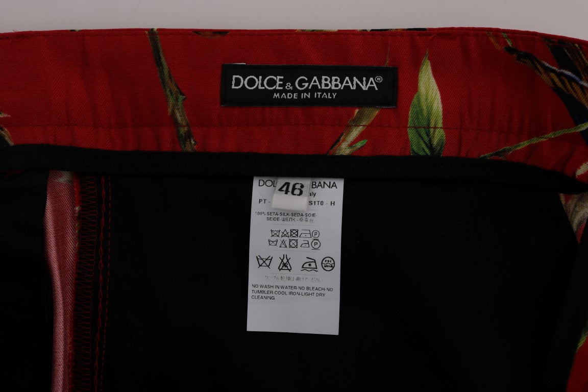 Dolce & Gabbana Red Silk Bird Print Dress Pants