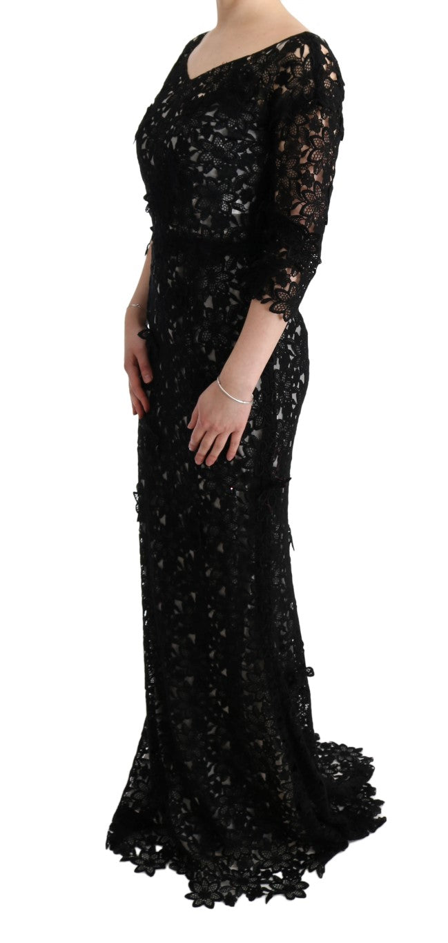 Dolce & Gabbana Elegant Black Maxi Shift Dress with Floral Applique