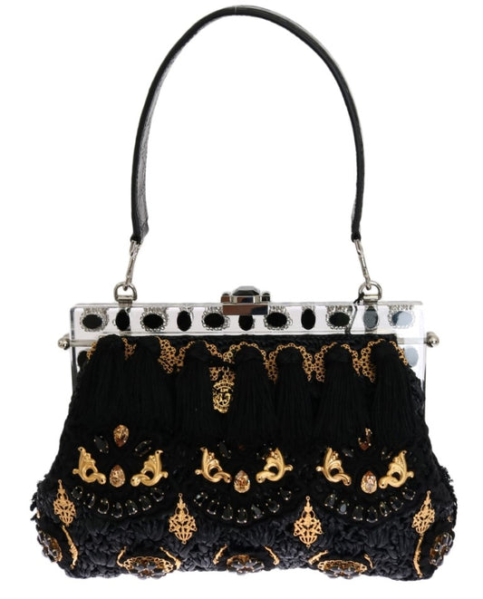 Dolce & Gabbana Elegant Black Tassel Gold Baroque VANDA Clutch