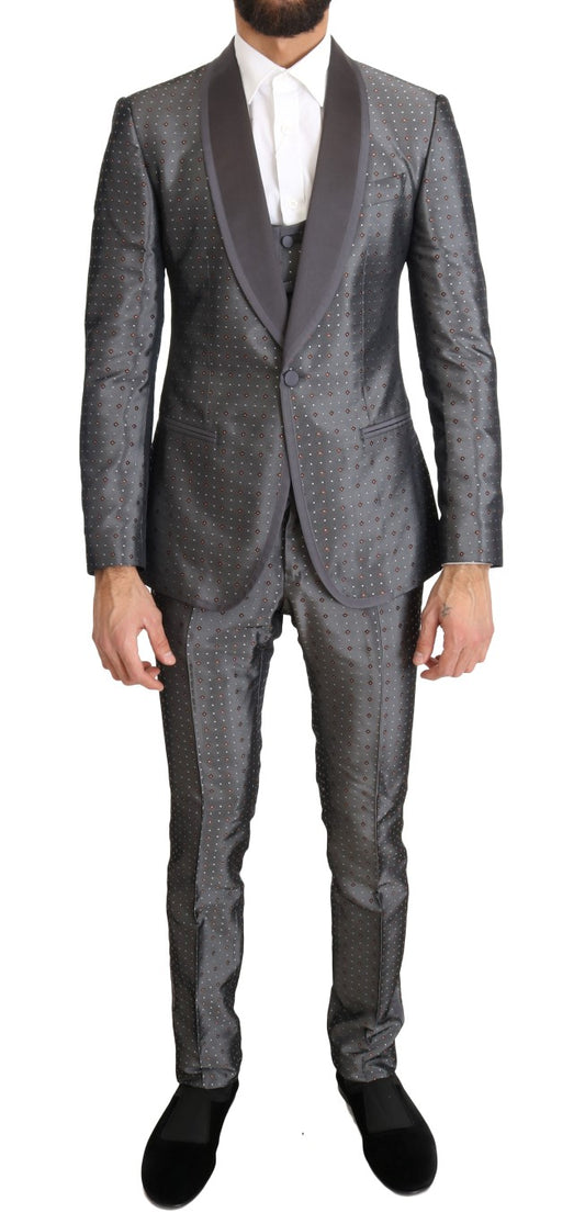 Dolce & Gabbana Silver Silk Baroque Single Breasted Suit