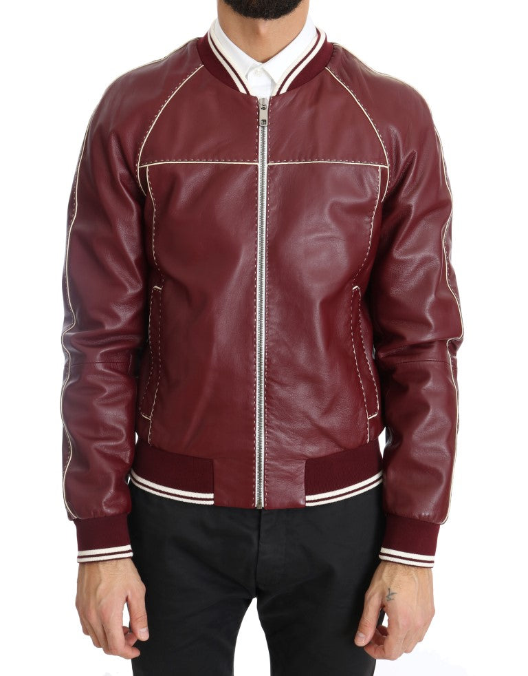 Dolce & Gabbana Elegant Bordeaux Leather Bomber Jacket