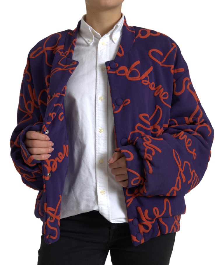 Dolce & Gabbana Purple Logo Print Nylon Button Down Jacket