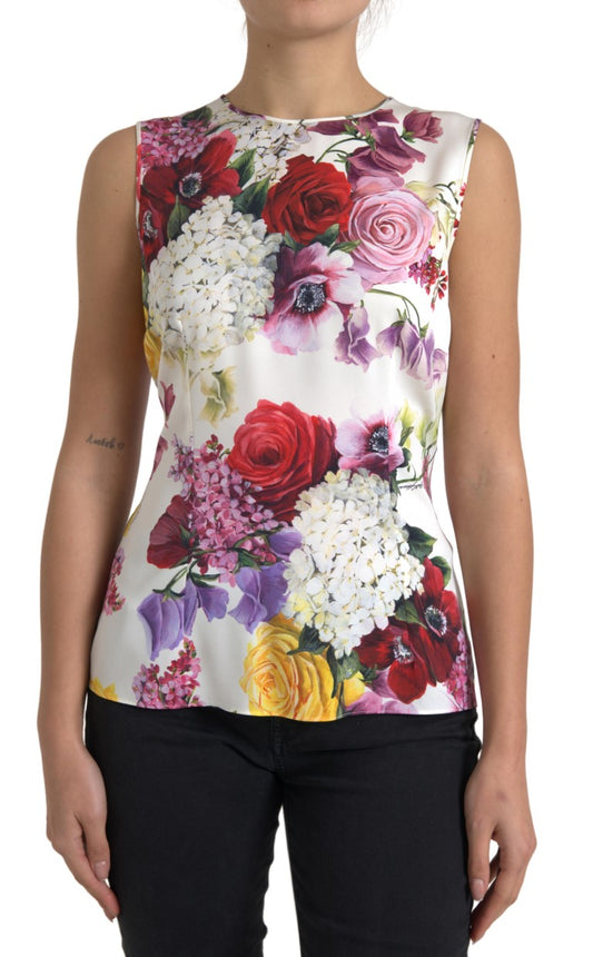 Dolce & Gabbana White Floral Silk Sleeveless Tank Blouse Top