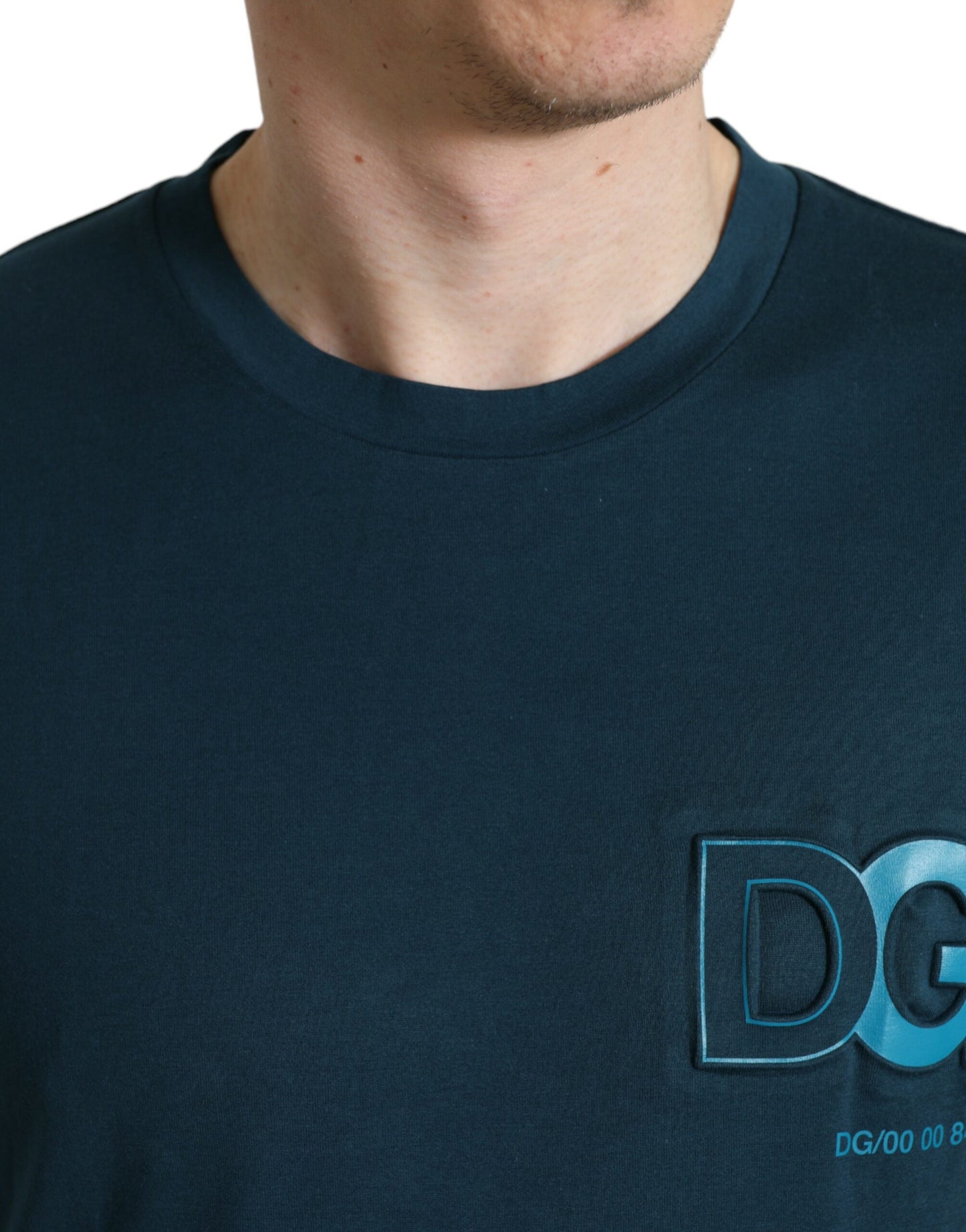 Dolce & Gabbana Blue Cotton Logo Patch Round Neck T-shirt