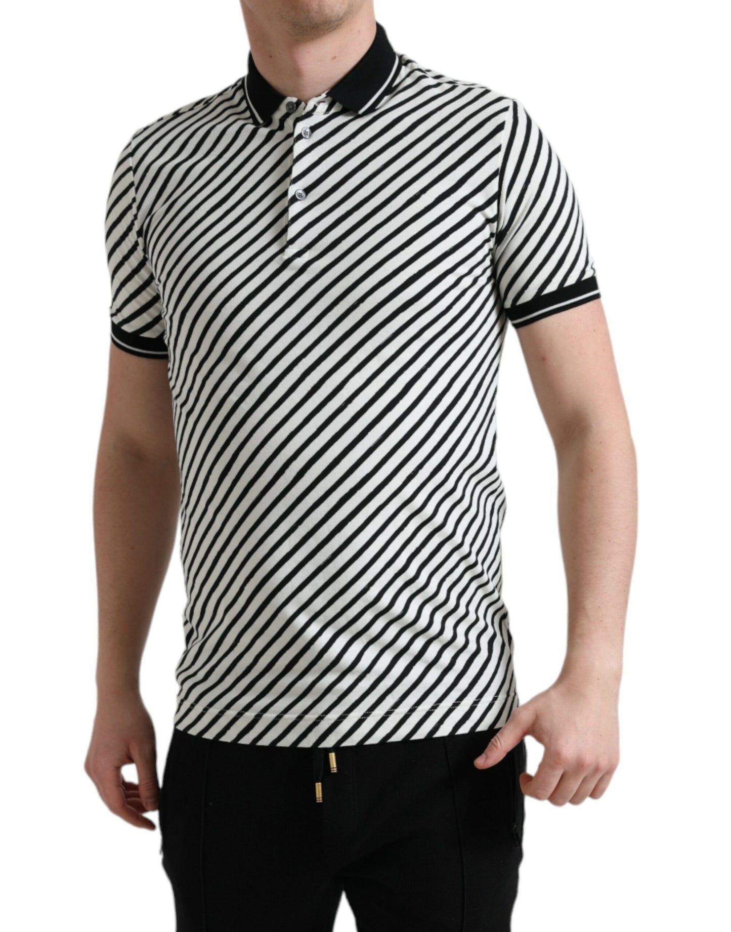 Dolce & Gabbana Black White Striped Cotton Polo T-shirt