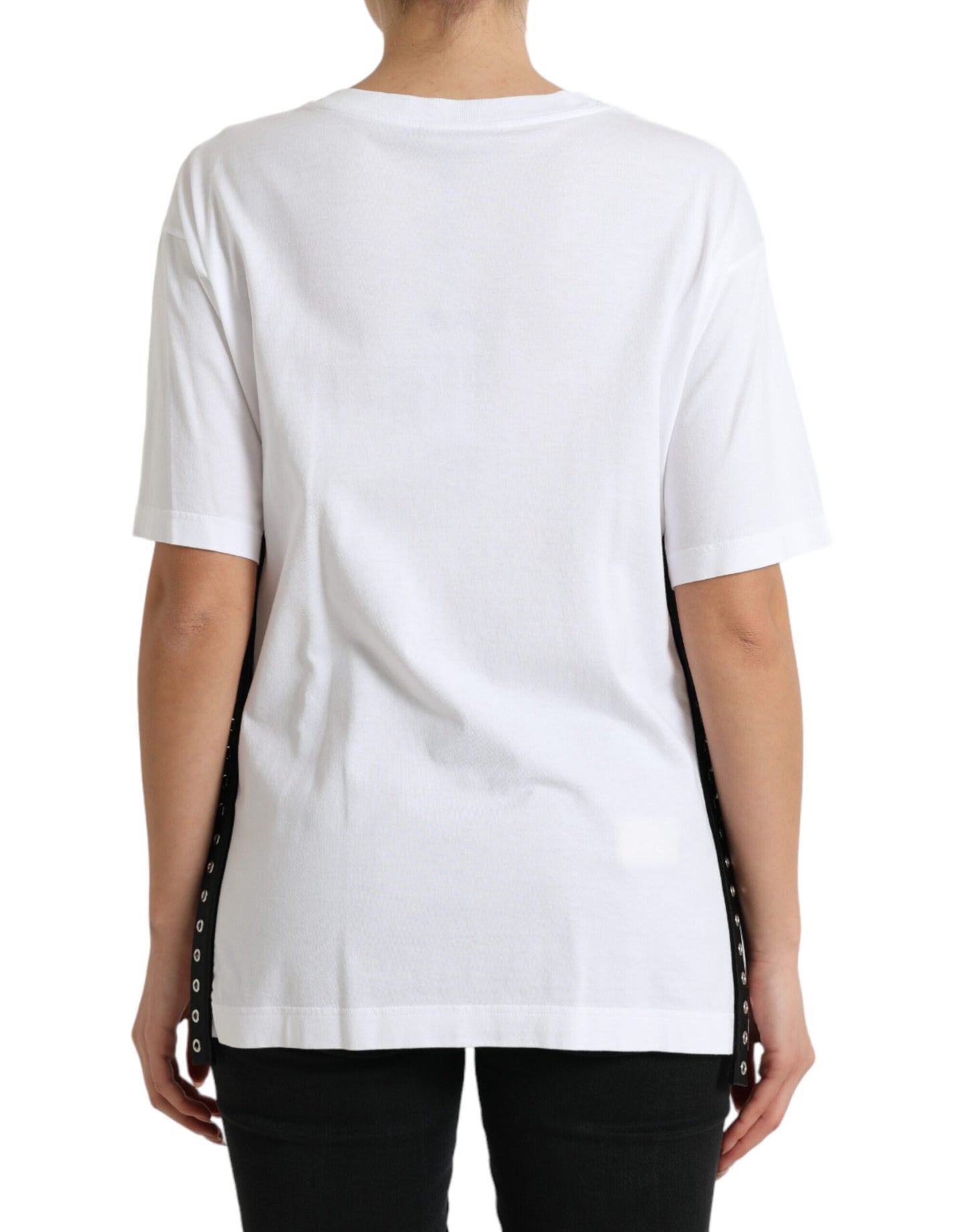 Dolce & Gabbana White Slogan Print Lacing Detailed T-shirt