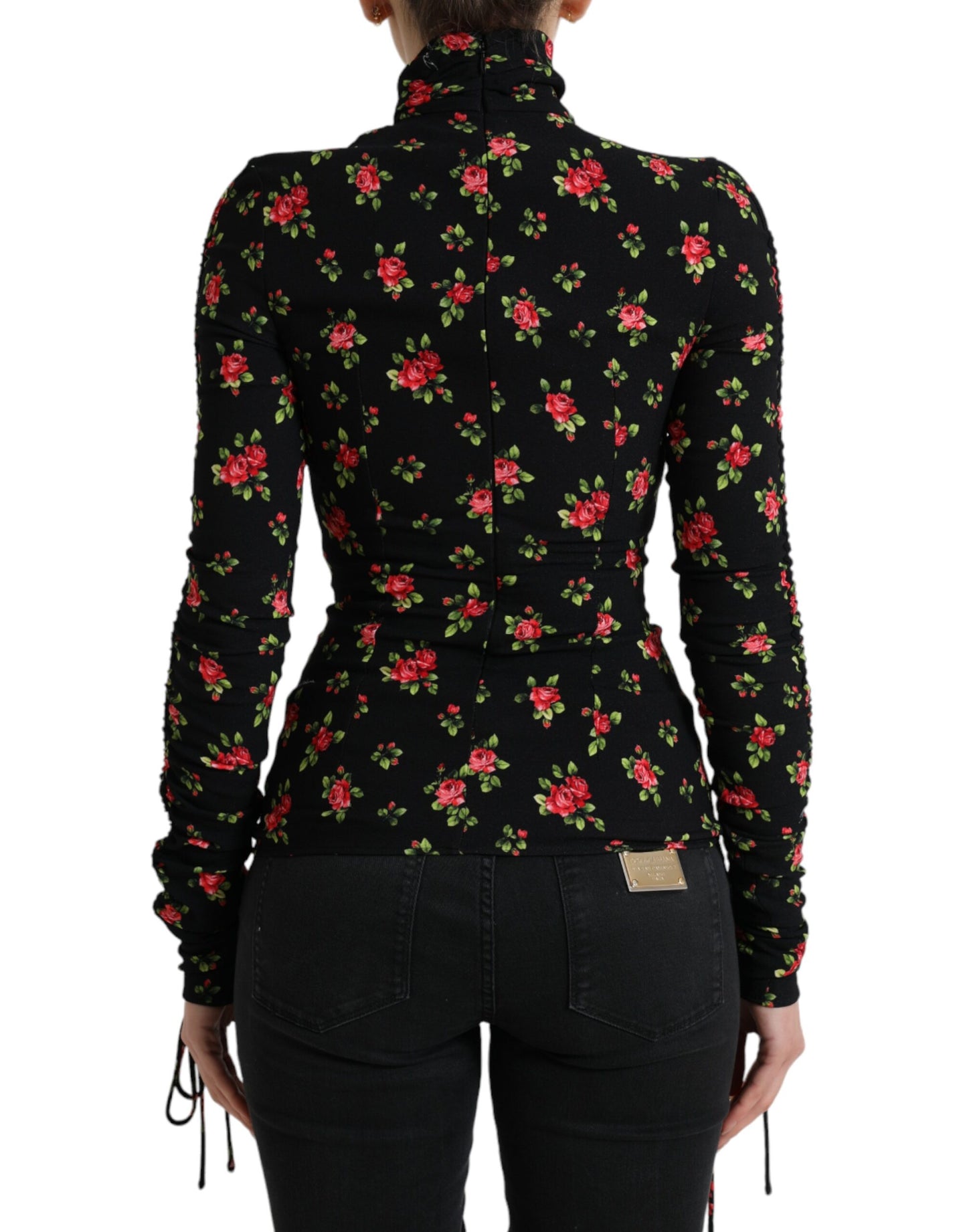 Dolce & Gabbana Black Rose Print Turtle Neck Blouse Top