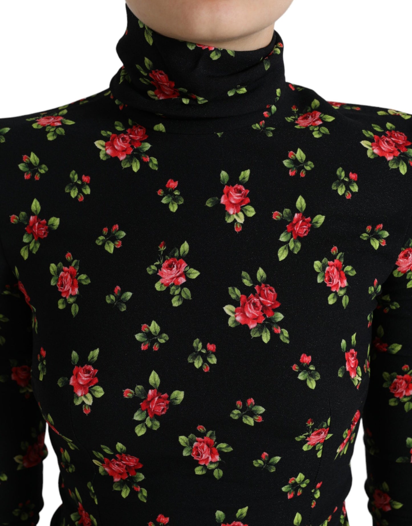 Dolce & Gabbana Black Rose Print Turtle Neck Blouse Top