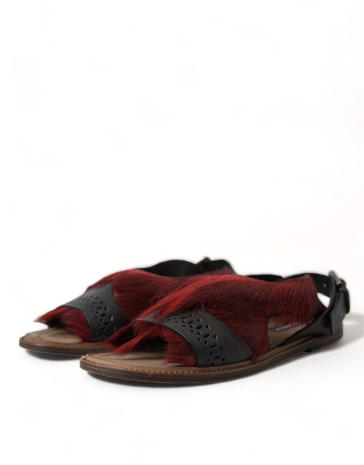 Dolce & Gabbana Elegant Black & Red Fur-Trimmed Sandals