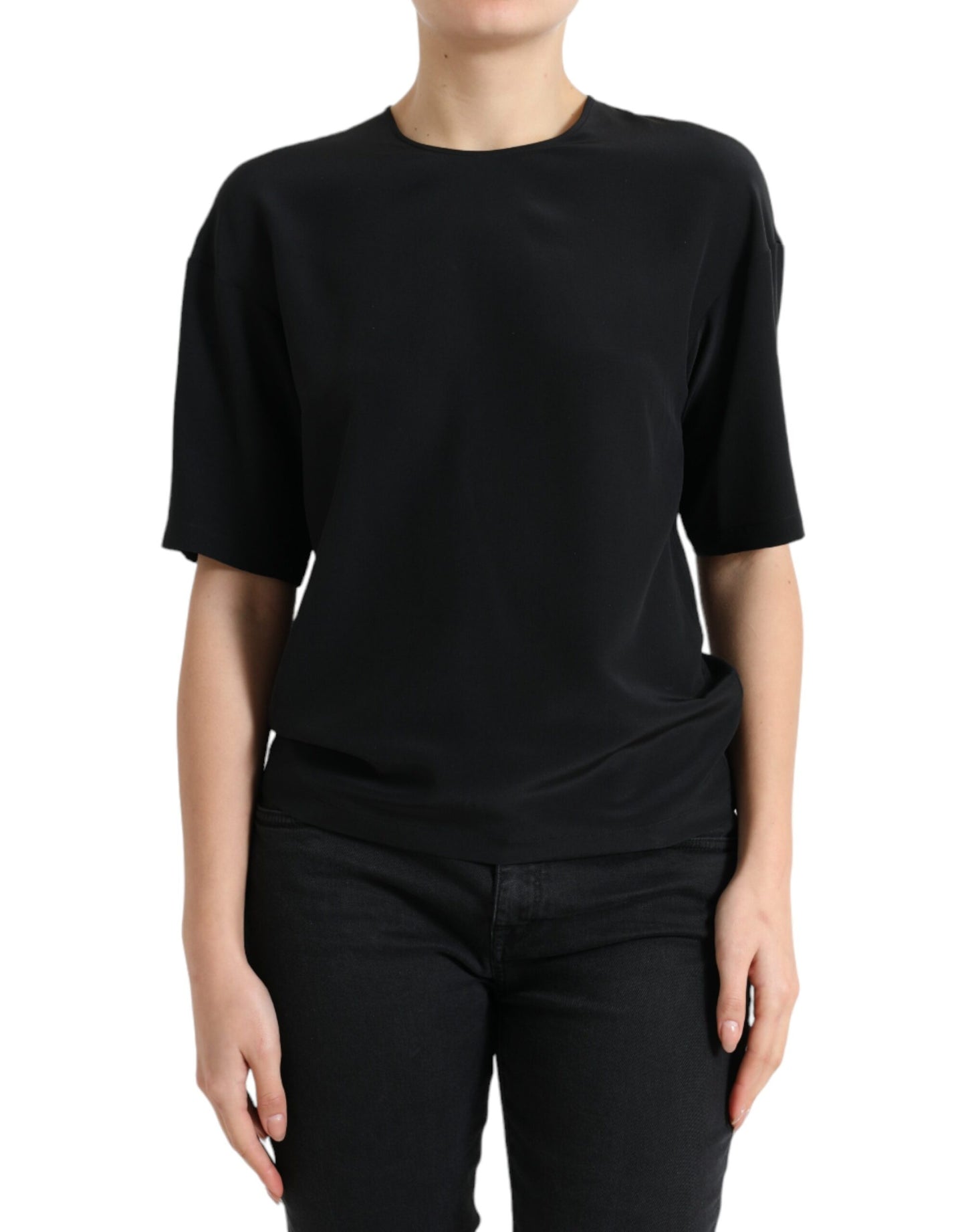 Dolce & Gabbana Black Silk Round Neck Short Sleeve Blouse Top