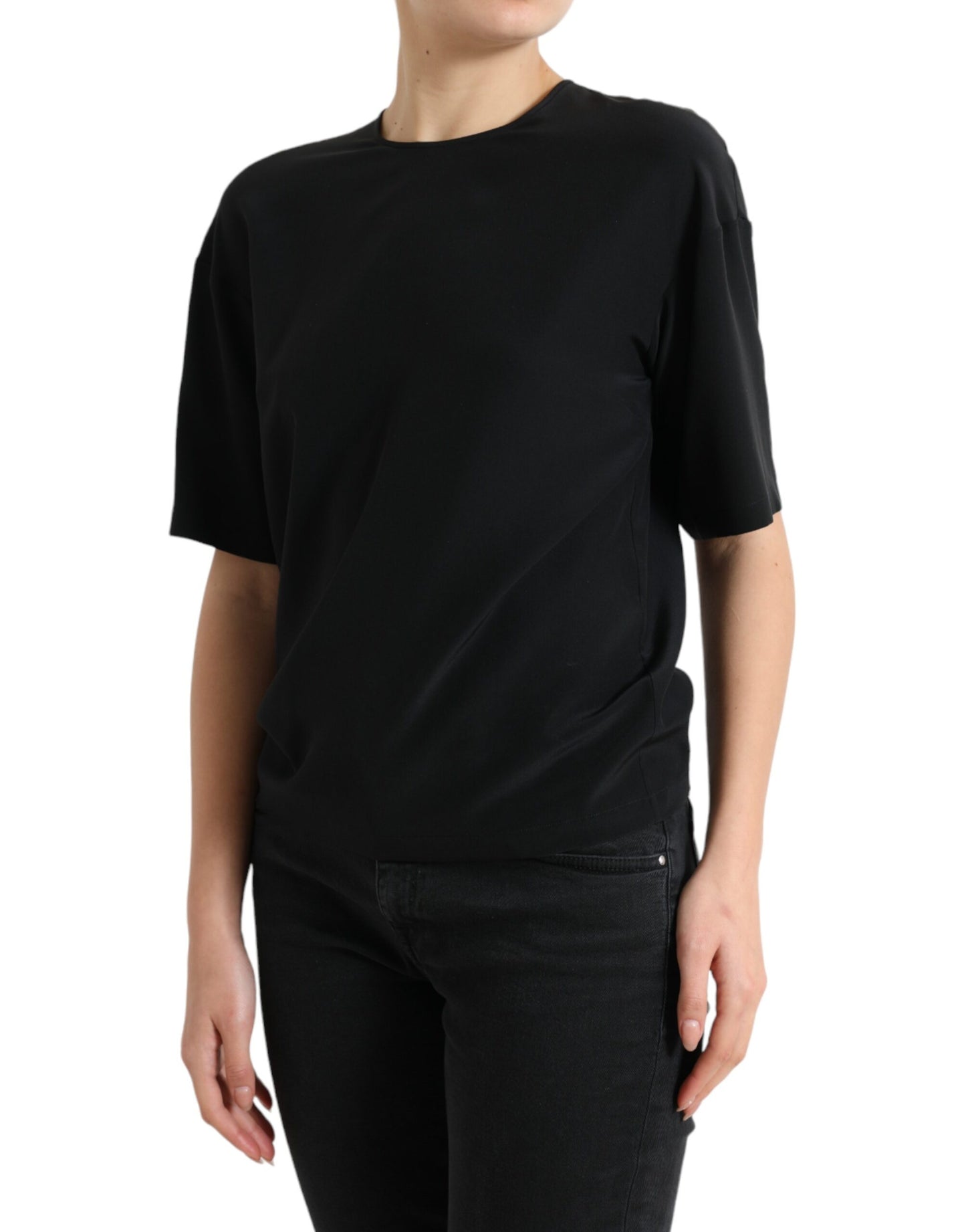 Dolce & Gabbana Black Silk Round Neck Short Sleeve Blouse Top