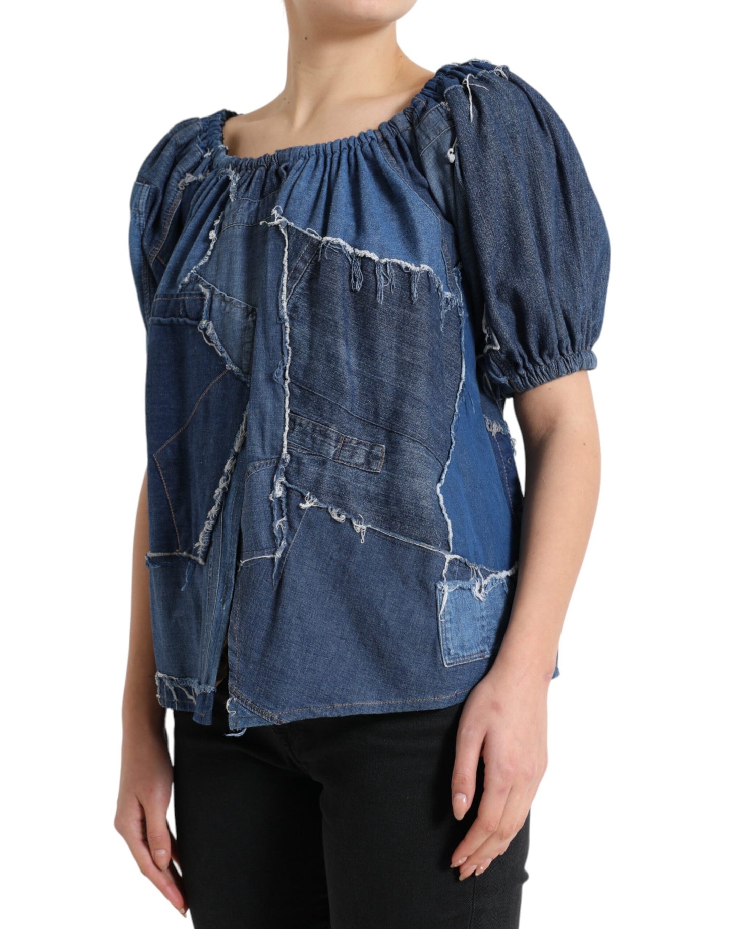 Dolce & Gabbana Blue Patchwork Short Sleeves Denim Blouse Top