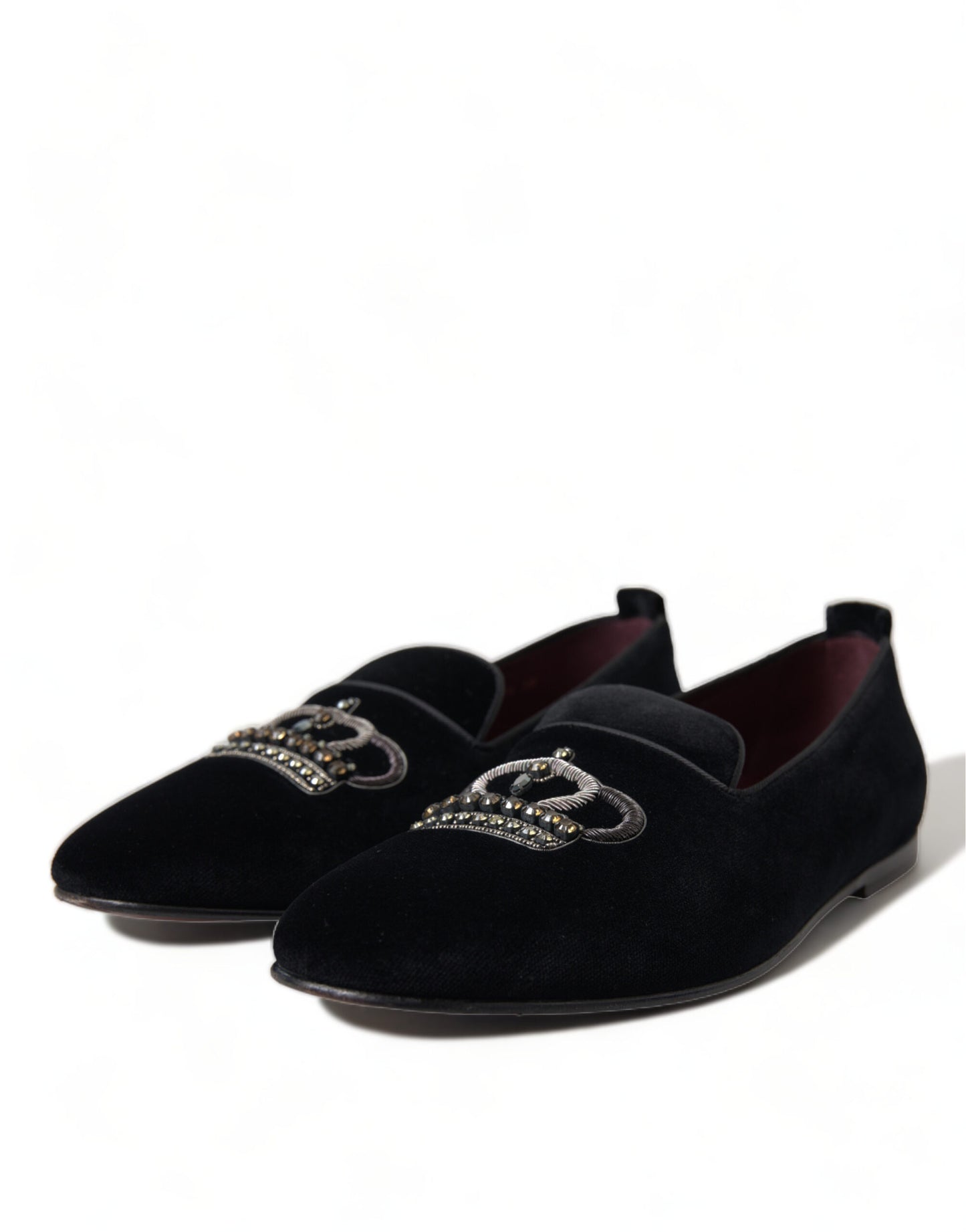 Dolce & Gabbana Black Velvet Crystal Crown Loafers Dress Shoes