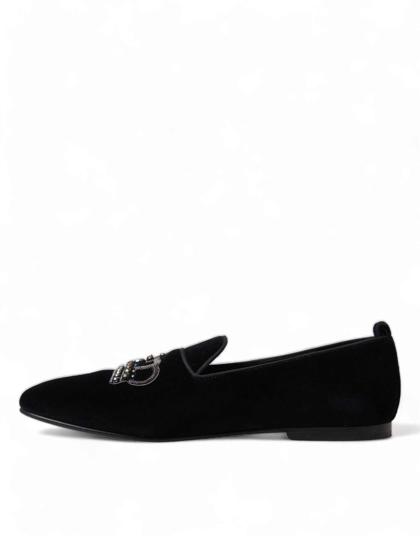 Dolce & Gabbana Black Velvet Crystal Crown Loafers Dress Shoes