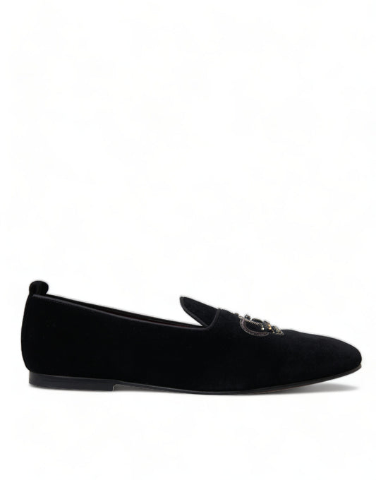 Dolce & Gabbana Black Velvet Crystal Crown Loafers Dress Shoes