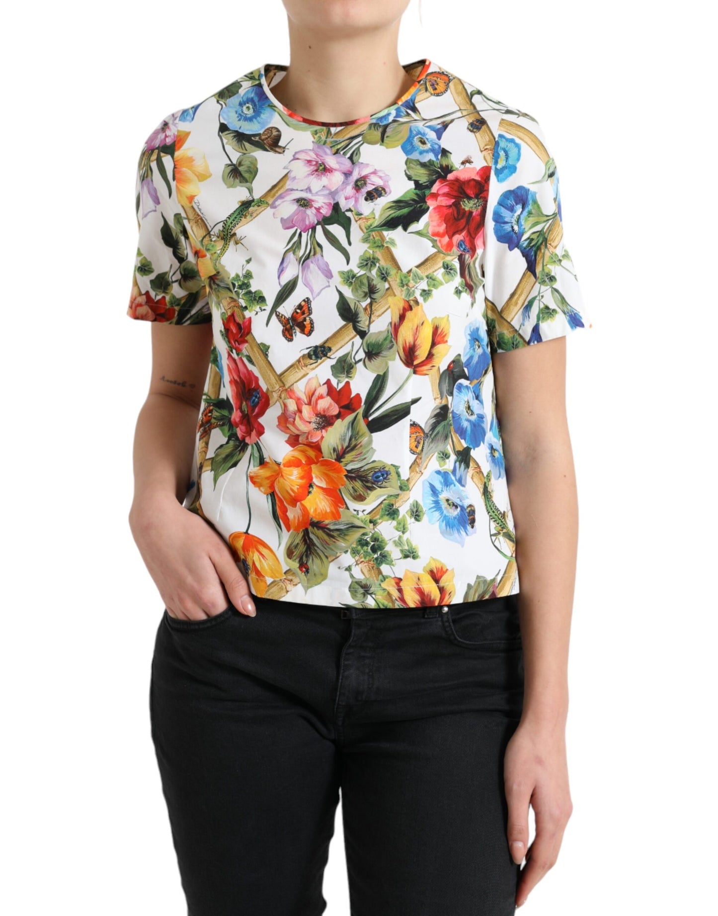 Dolce & Gabbana Multicolor Floral Cotton Round Neck Blouse Top