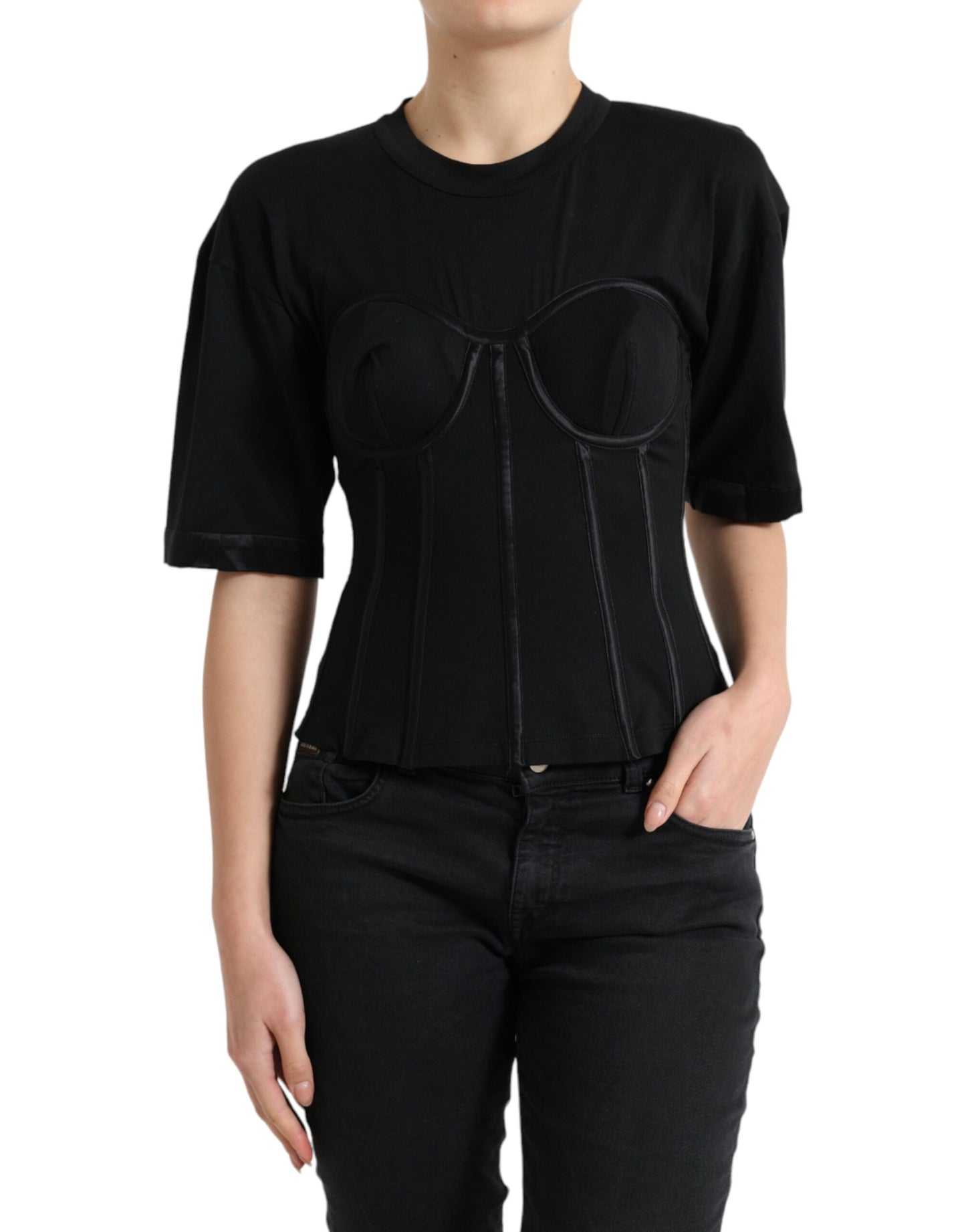 Dolce & Gabbana Black Satin Bustier Corset Jersey T-shirt Top