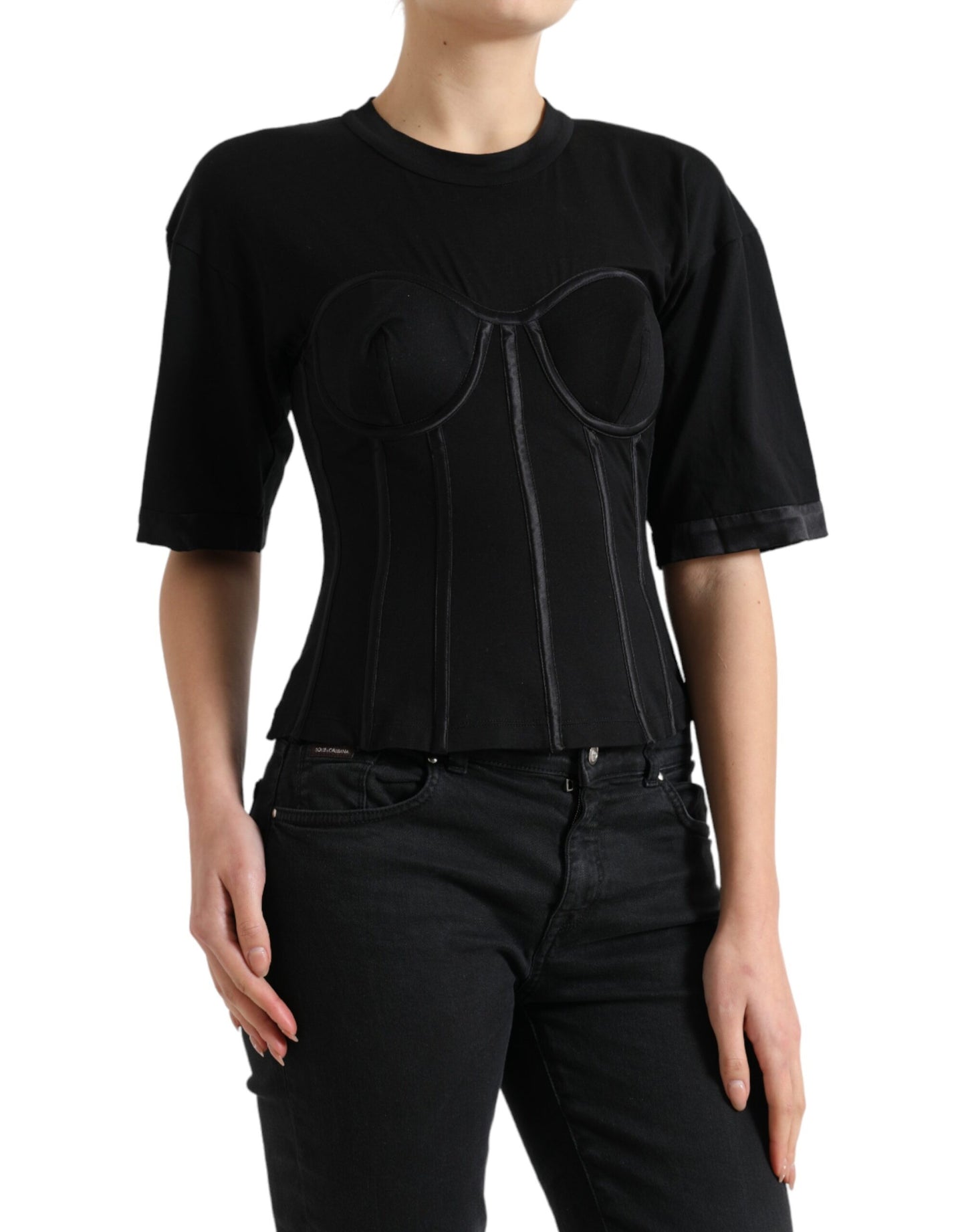 Dolce & Gabbana Black Satin Bustier Corset Jersey T-shirt Top