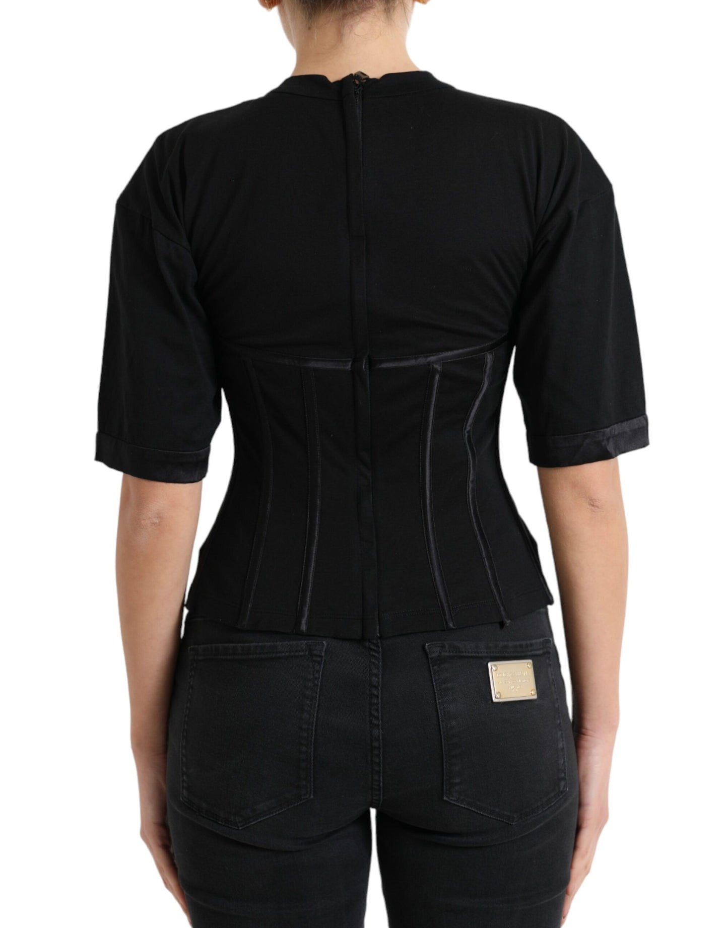 Dolce & Gabbana Black Satin Bustier Corset Jersey T-shirt Top