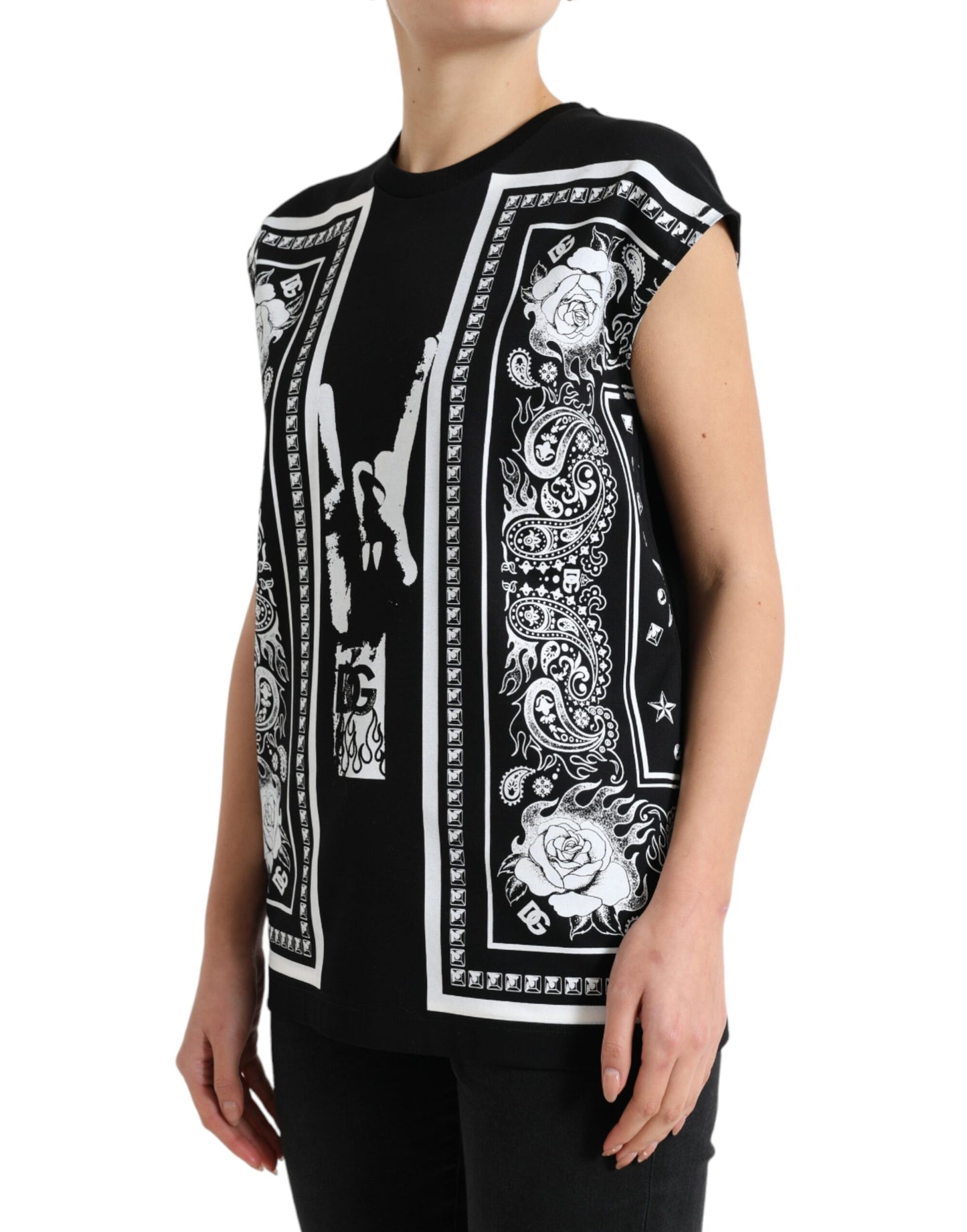 Dolce & Gabbana Black Floral Print Cotton Sleeveless Tank Top