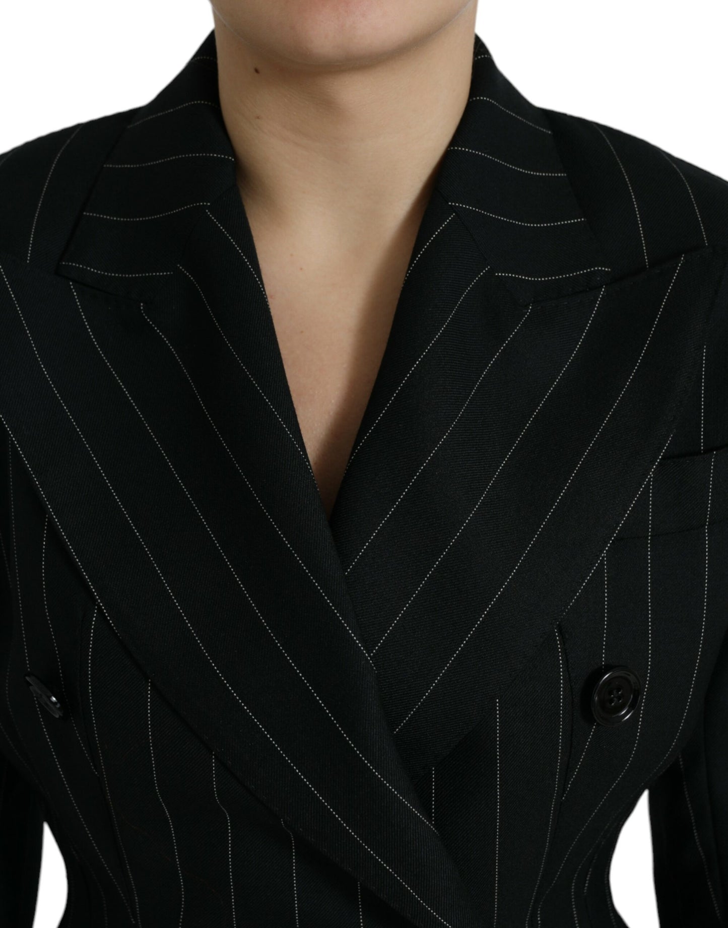 Dolce & Gabbana Black Striped Wool DoubleBreasted Coat Jacket